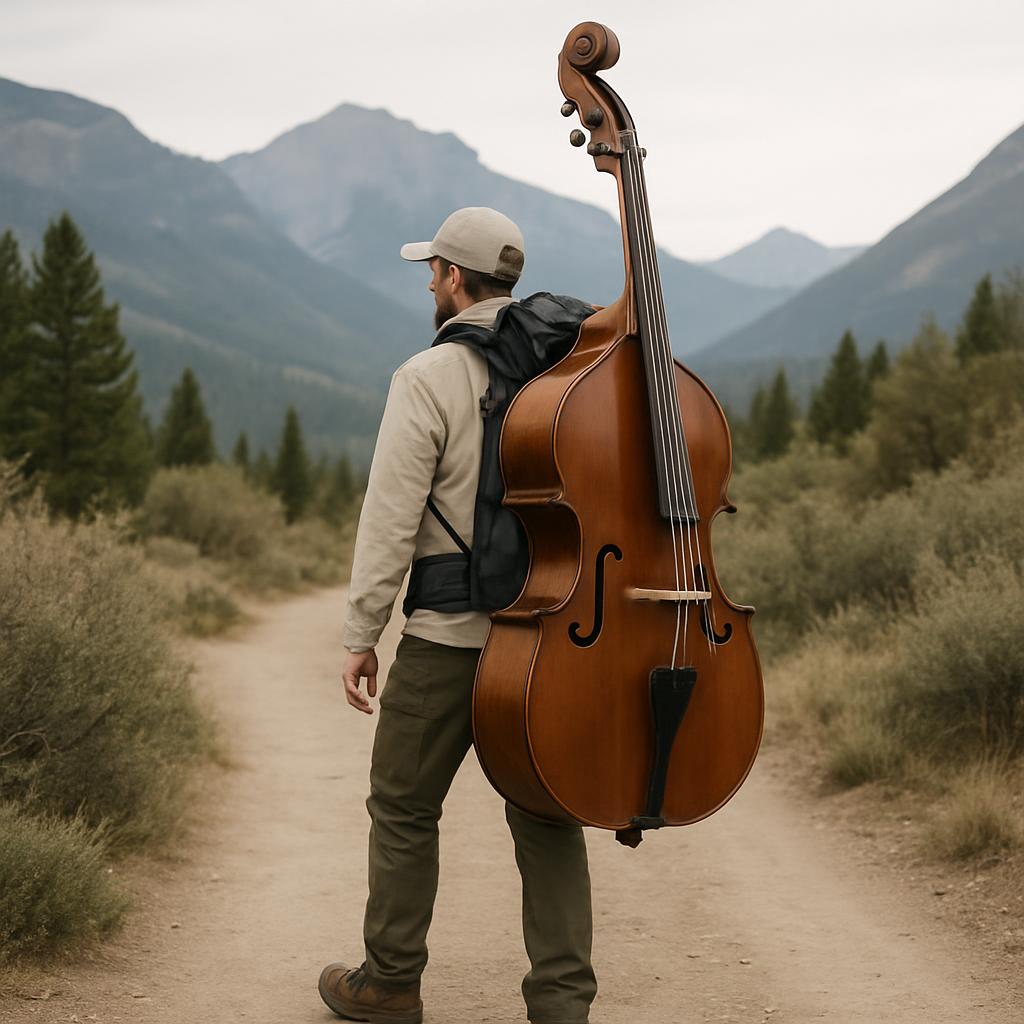 A man standing on a dirt path in a mountainous area, looking at the mountains, with a viola (a type of stringed instrument...